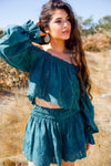 Sequoia Sky Embroidered Eyelet Long Sleeve Top/Shorts Set - Teal