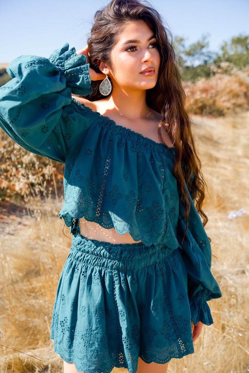 Sequoia Sky Embroidered Eyelet Long Sleeve Top/Shorts Set - Teal