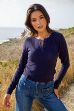 Something Sweet Pointelle Henley Sweater Scallop Edge- Navy