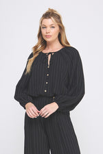 Keep It Coastal Linen Pinstripe Long Sleeve Blouse- Black