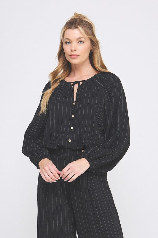 Keep It Coastal Linen Pinstripe Long Sleeve Blouse- Black