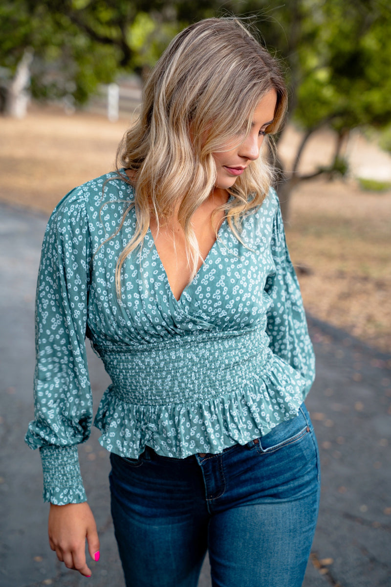 Fleur and Fog Bishop Sleeve Smocked Waist Blouse- Sage