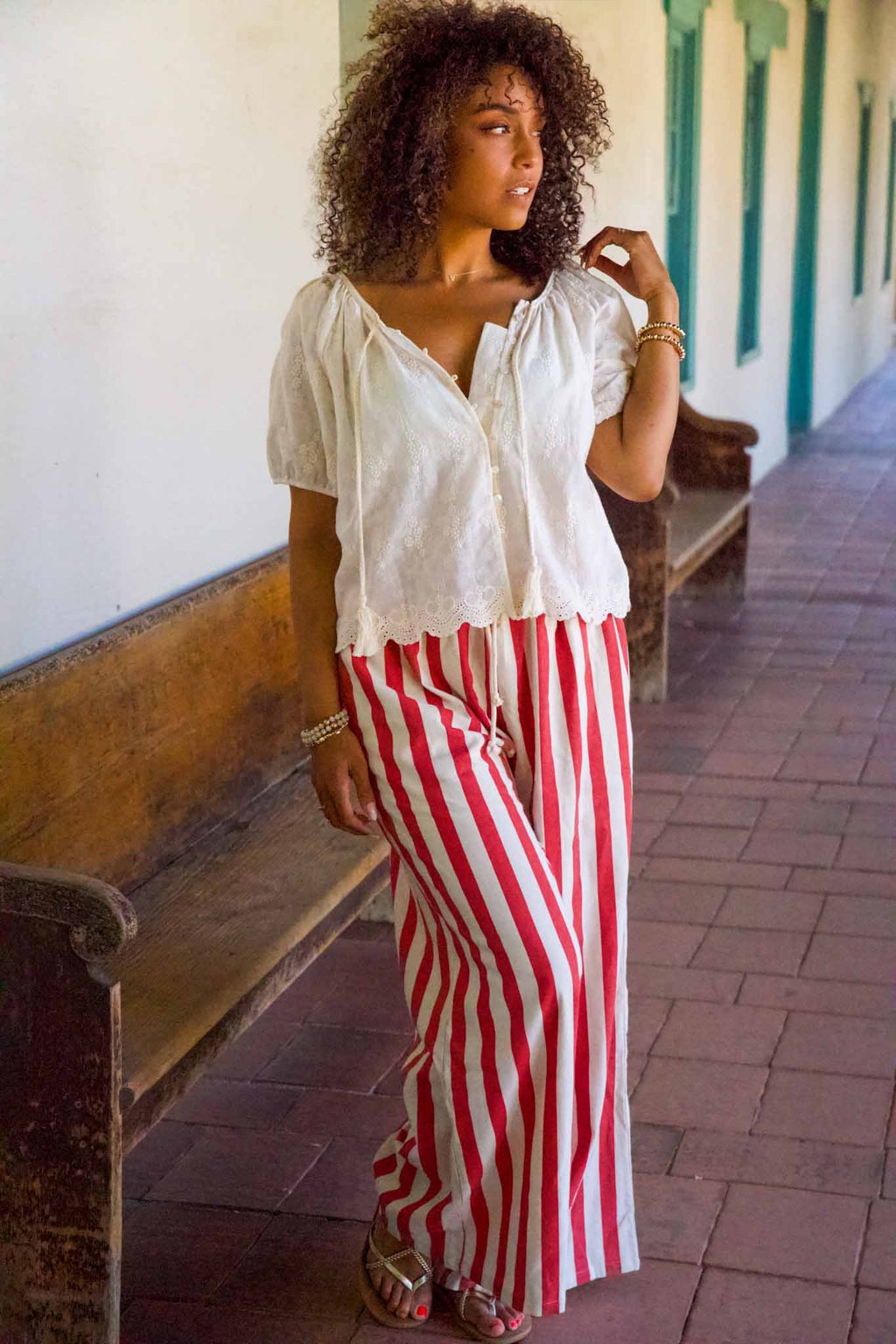 French Riviera Stripe Drawstring Pant - Red/Tan