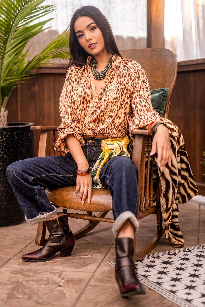 Hit the Town Leopard Print Button Front Lace Trim Blouse-Camel/Brown