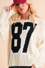 Varsity Cable Knit Pullover Sweater- Ivory/Black