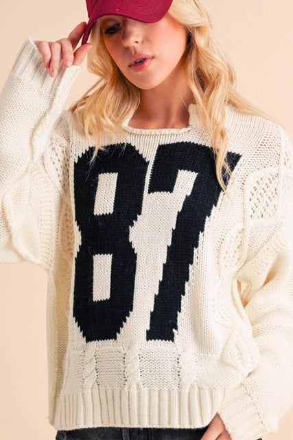 Varsity Cable Knit Pullover Sweater- Ivory/Black