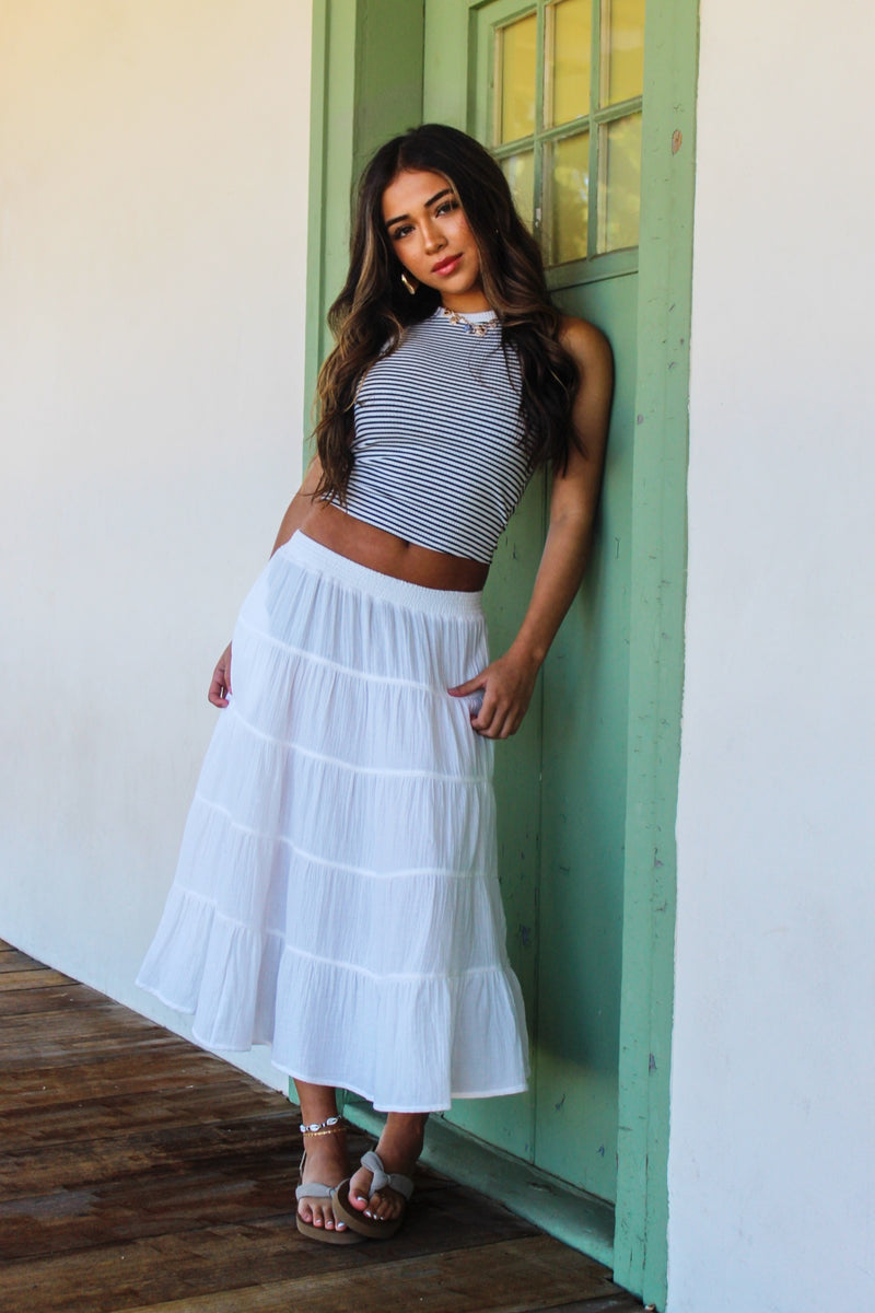 Wavebreak Round Neck Stripe Tank- Black/White