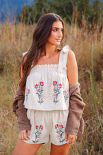 Paradise Peak Tie Shoulder Embroidered Top/Shorts Set - Oatmeal