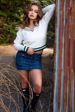Portside Pullover Cable Knit Sailor Collar Sweater- Ivory/Hunter