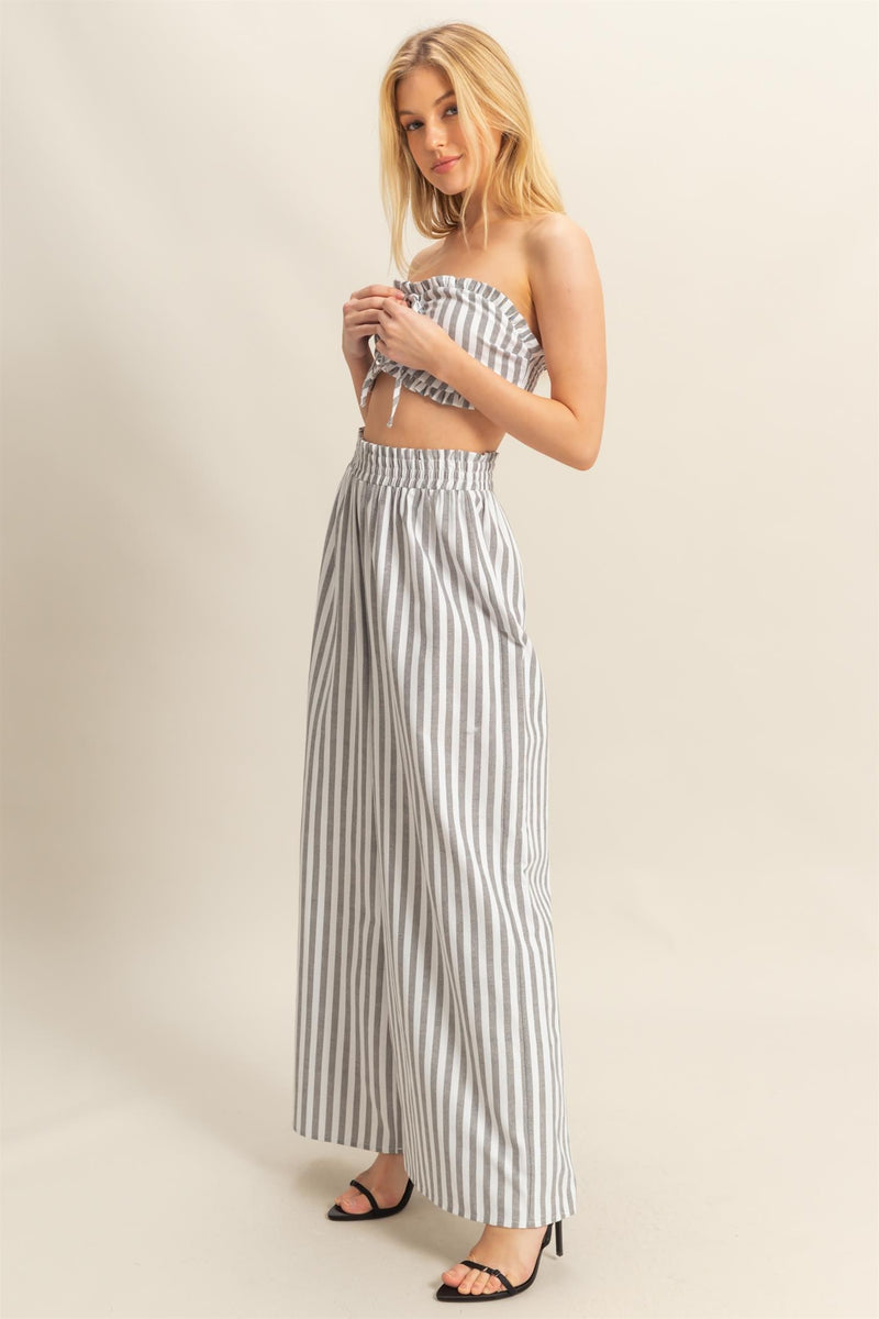 Coastal Cool Stripe Tube Top / Stripe Wide Leg Pant Set- Black/White