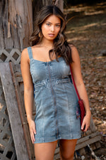 Fall Fade Braid Detail Denim Dress- Medium Wash