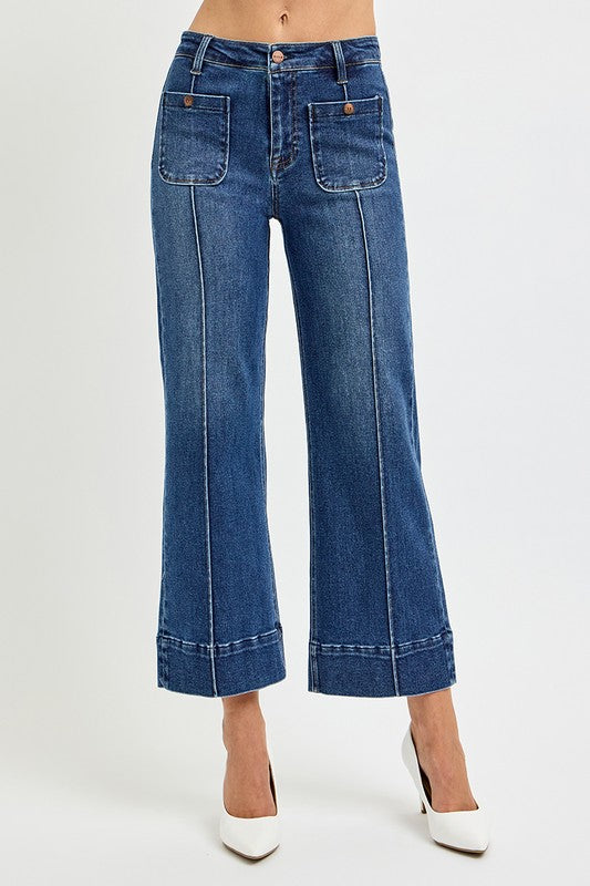 Risen Jeans High Waisted Wide Leg Denim Pants - Dark Wash