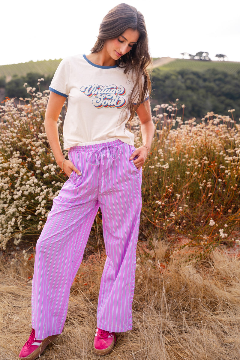 Cozy Does It Elastic Waist Drawstring Stripe Pants - Lavender