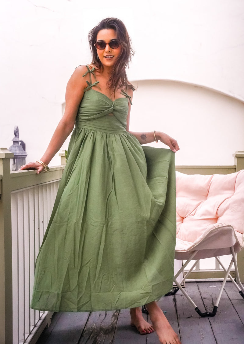 Wild Thymes Keyhole Pleaded Bodice Bow Detail Dress - Basil
