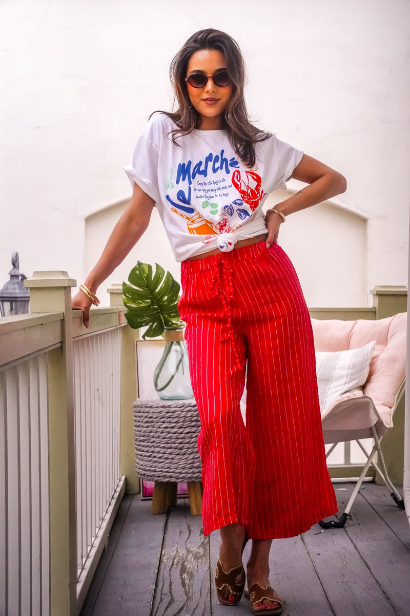 Que Sera Sera Striped Linen Pants- Red