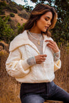 Honeyed Horizon Cozy Cable Knit Zip Up Sweater W/ Collar-Ivory