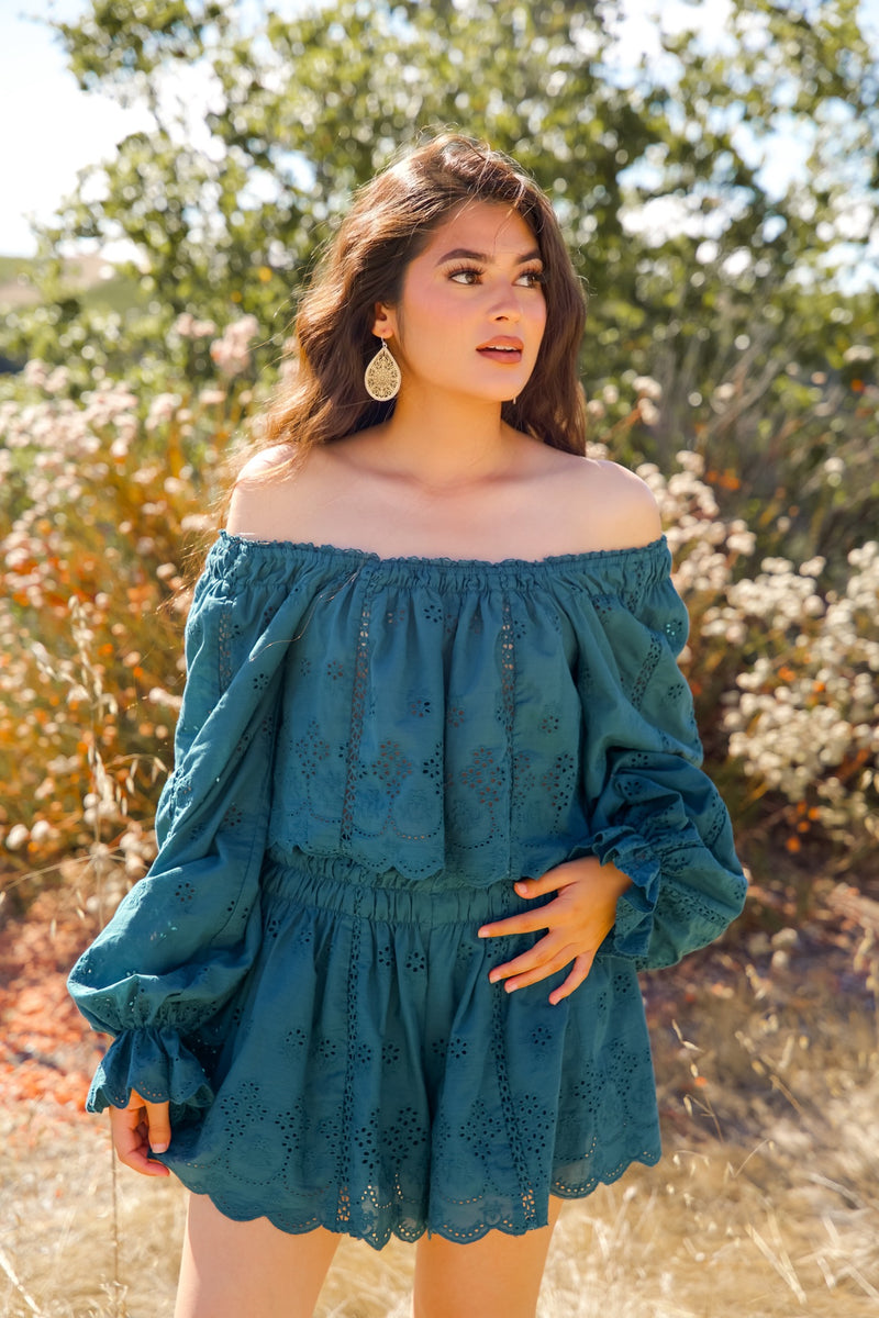 Sequoia Sky Embroidered Eyelet Long Sleeve Top/Shorts Set - Teal