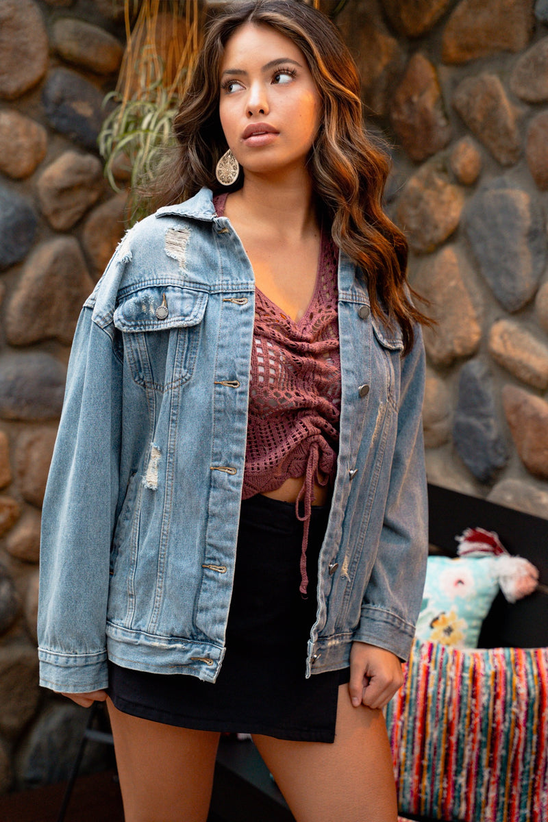 Worn In Wild Distressed Denim Long Jacket - Medium Wash