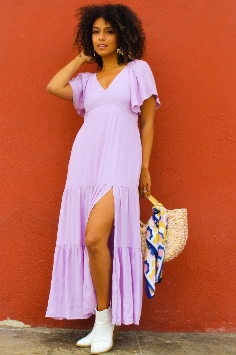 May Butterfly Sleeve Tiered Maxi Dress - Lilac