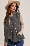 Delicate Daisies Corduroy Vest/Embroiderd Floral- Teal