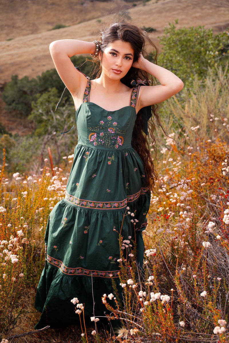 Magic Elixir Embroidered Detail Tie Strap Maxi Dress - Hunter/Multi