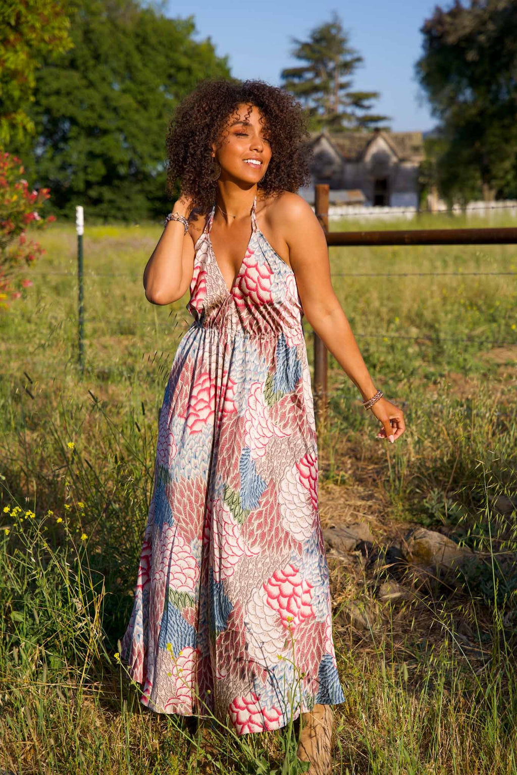 Summer Soiree Pattern Open Back Halter Dress- Tan/Multi