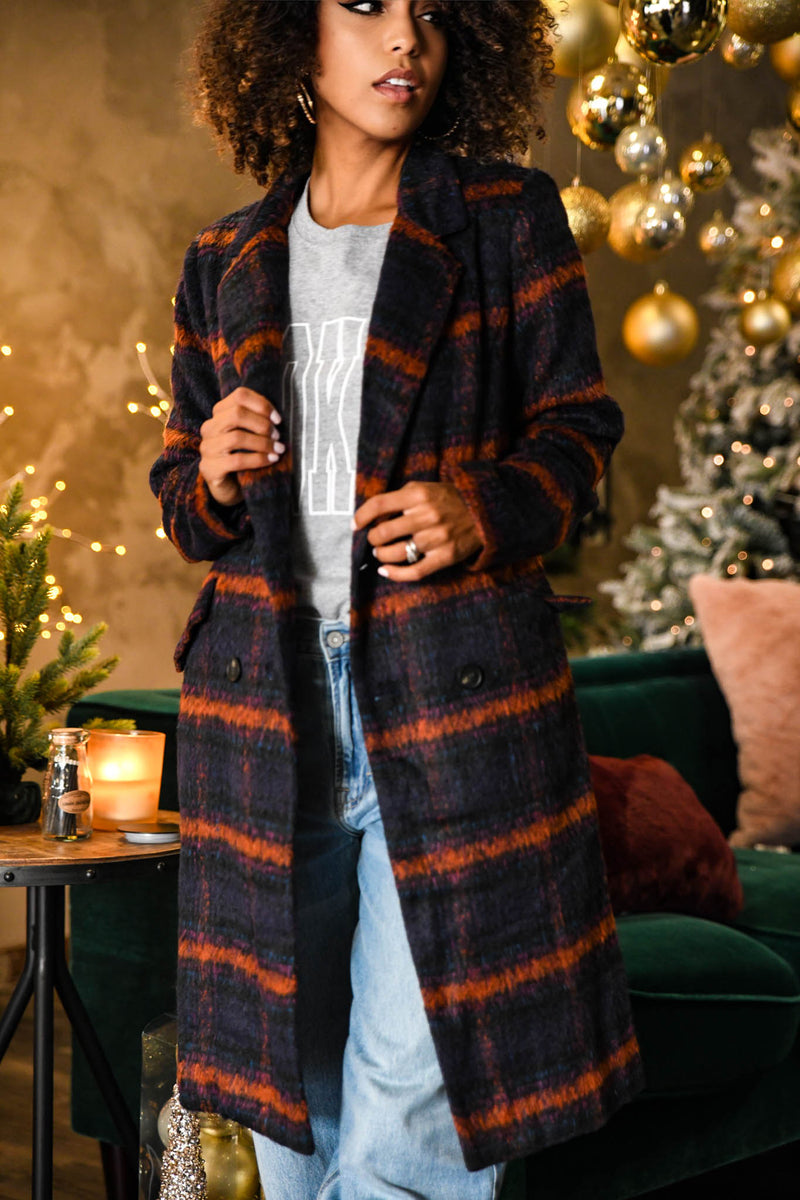 Winterberry Double Breasted Plaid Long Coat - Navy/Multi