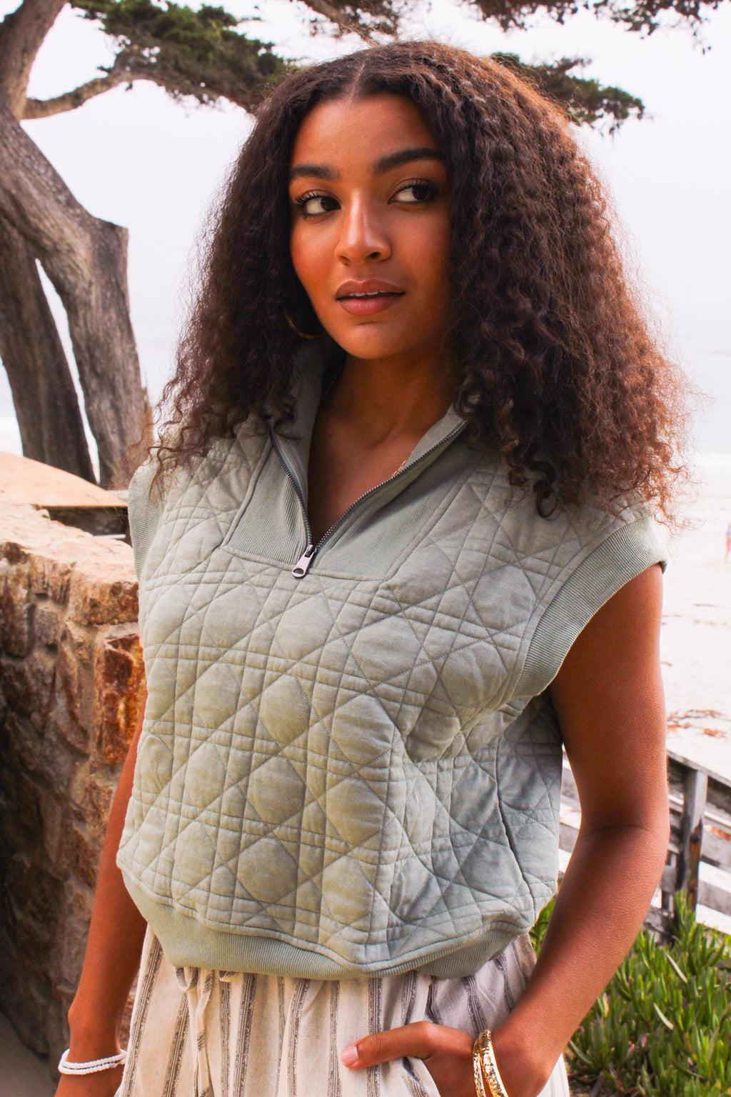 Foggy Friday Quarter Zip Quilted Crop Vest - Sage