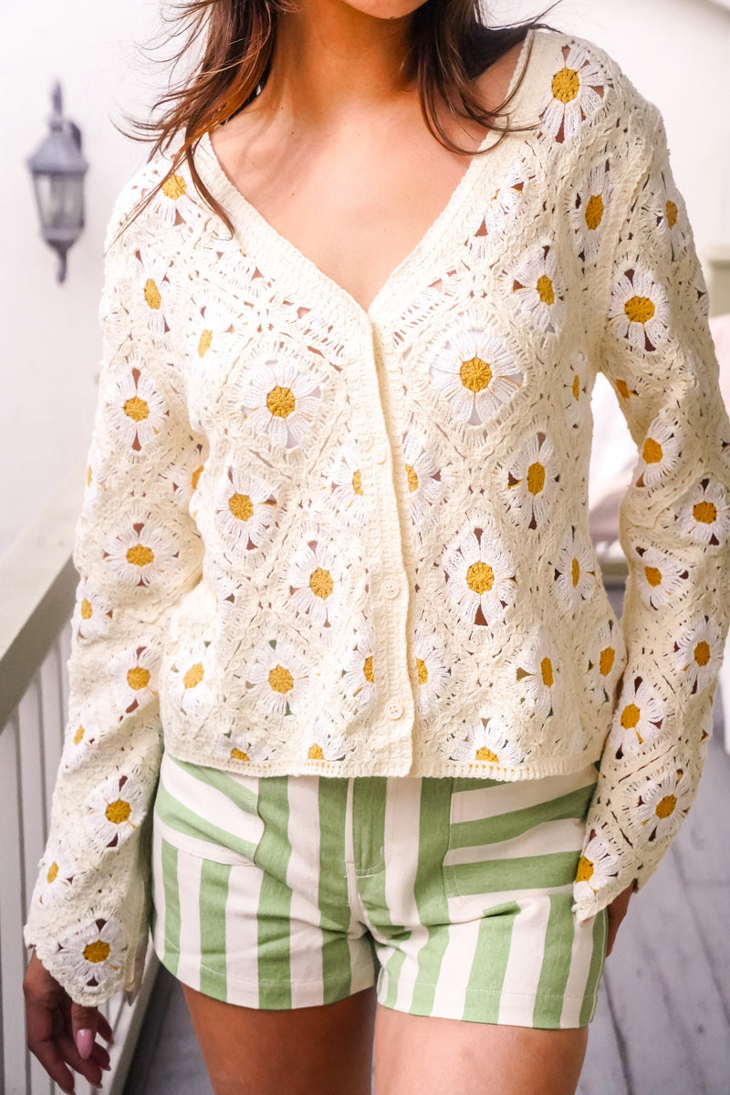 California Honey Daisy Detail Crochet Cardigan- Butter