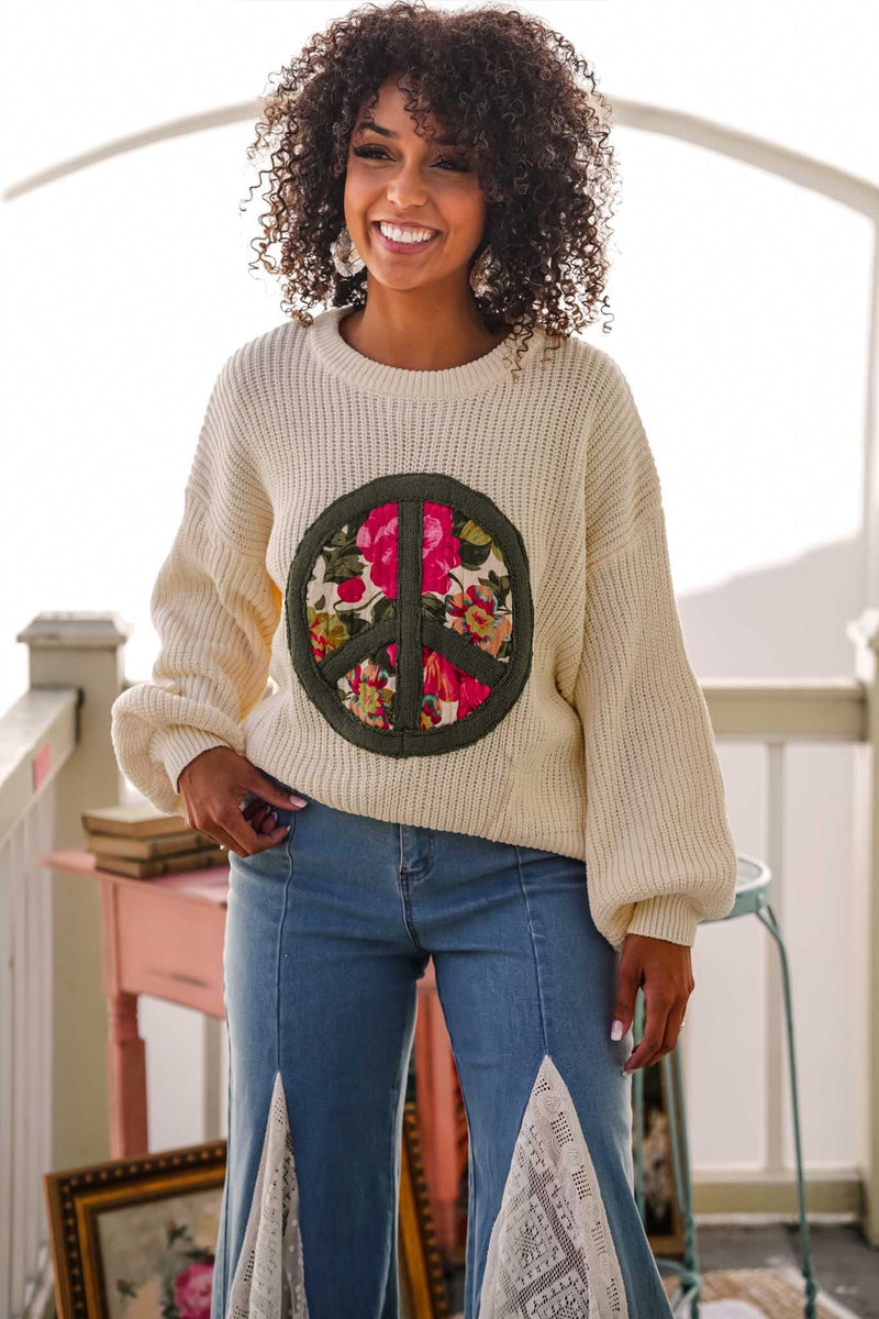 Peace on Earth Peace Sign Patch Pullover Sweater- Ivory/Green