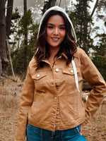 Risen Utility Style Denim Jacket W/ Detachable Knit Contrast Hood- Camel/Ivory