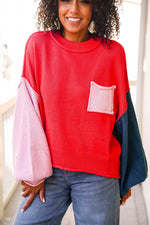 Gumdrop Crewneck Sweater W/ Pink Pocket-Coral