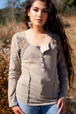 Rejuvenate Cotton Embroidered Detail Long Sleeve Blouse - Taupe