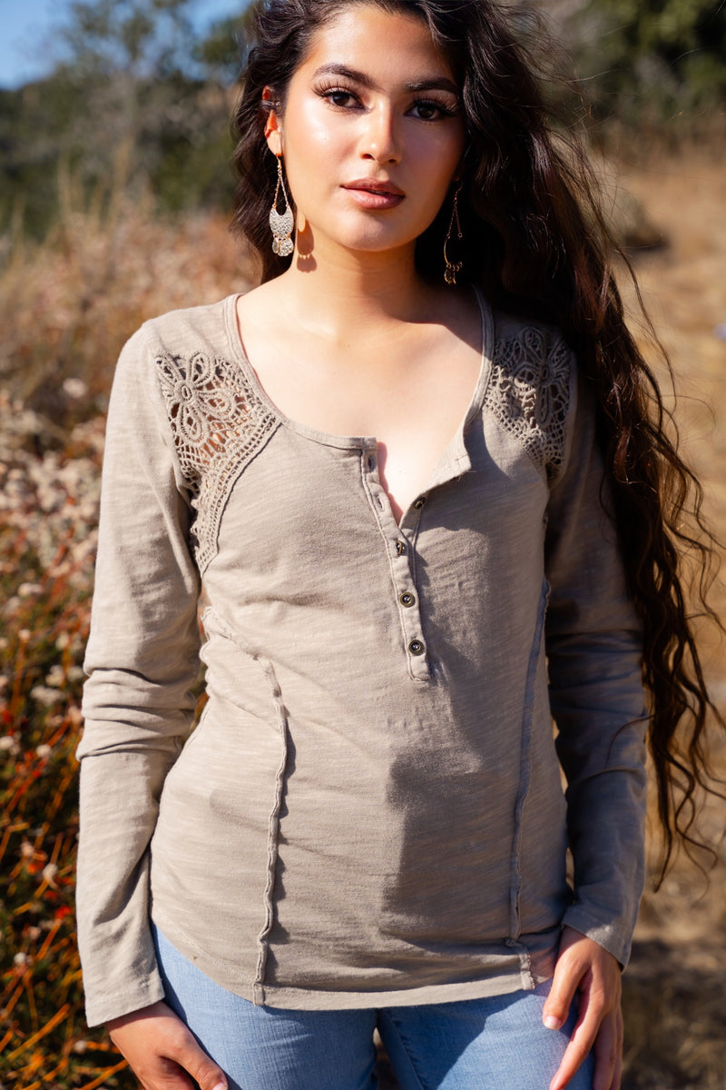 Rejuvenate Cotton Embroidered Detail Long Sleeve Blouse - Taupe