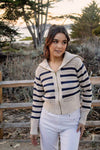 Stripes and Smiles Striped Collared Knit Zip Up- Oat/Black