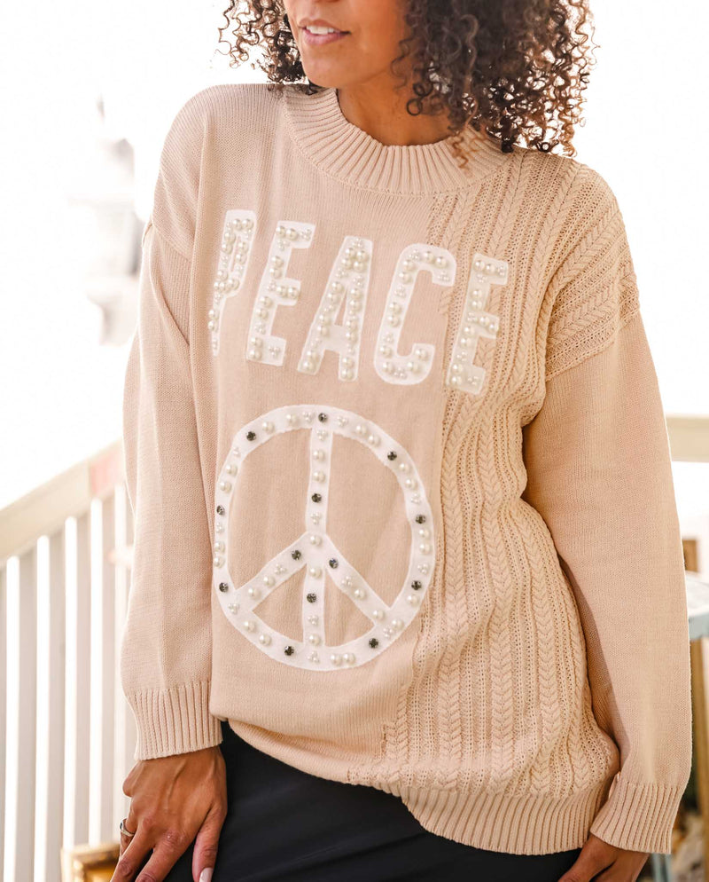 Peace Embellished Sweater-Champagne Peach