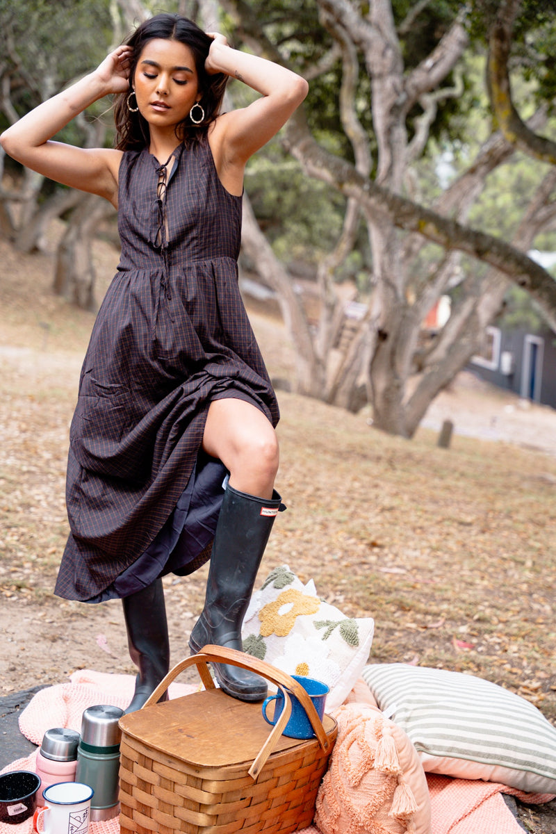 Hidden Hollow Sleeveless And Plaid Maxi Dress- Chocolate