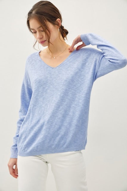 Ashlyn V-Neck Longsleeve Lightweight Sweater- Chambray