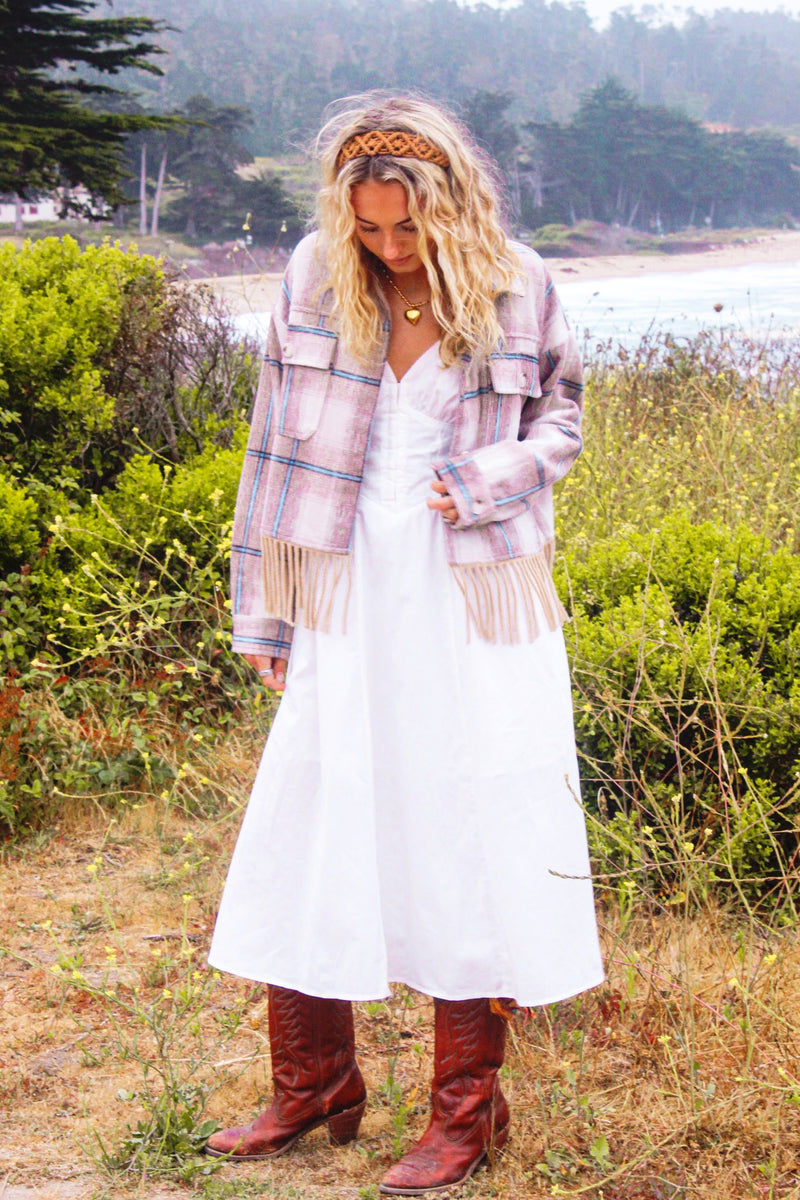 Coastal Cruising Fringe Plaid Jacket- Almond/Ivory/Blue