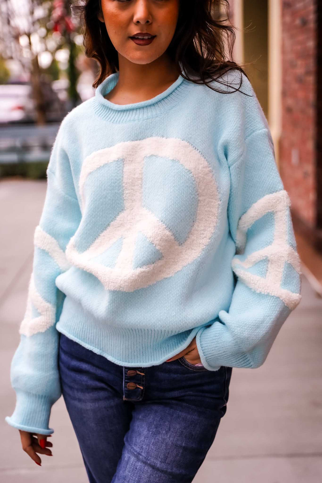 Peace Within Knit Pullover Peace Sign Sweater- Lake