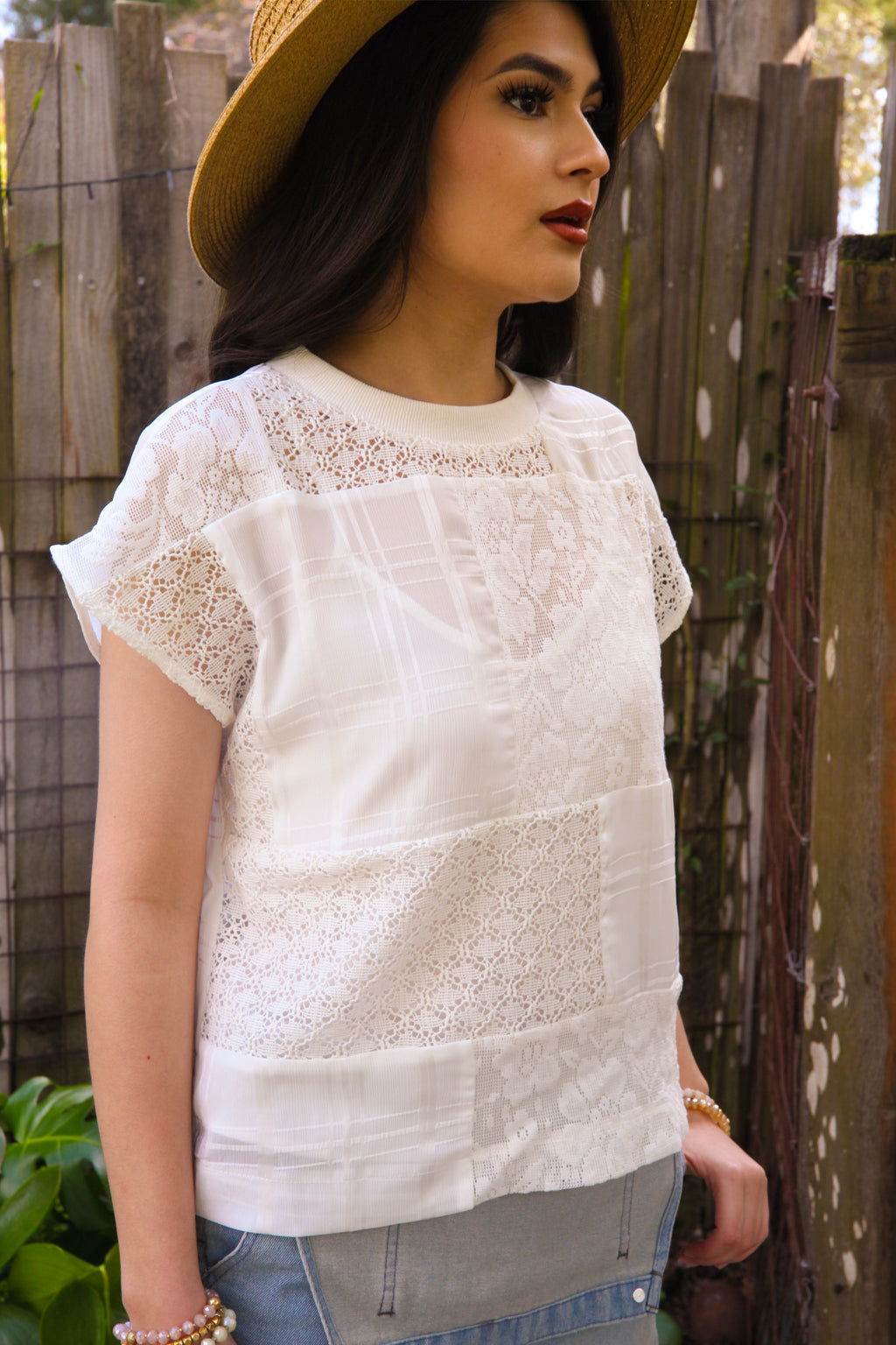 Luminous Lace Patchwork Top w/Cami -White