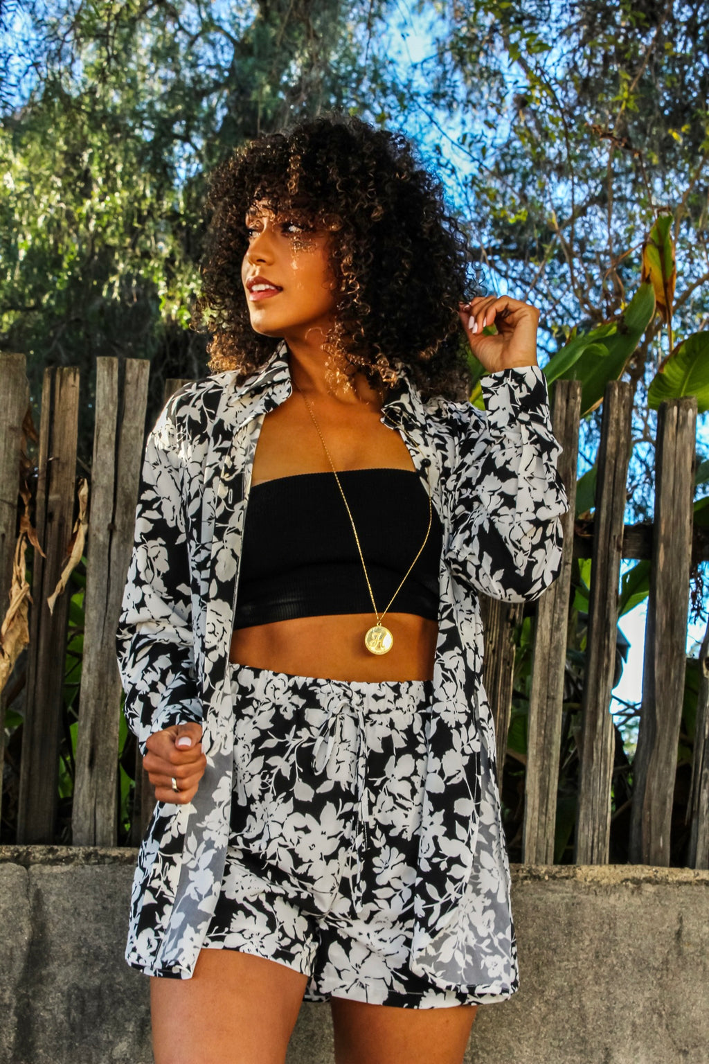 This and That Floral Set (Top+Shorts) - Black/White