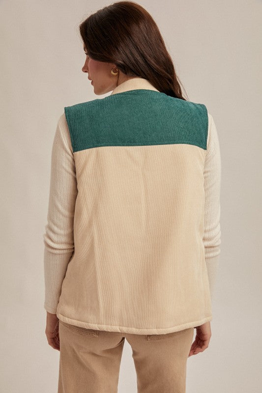 Going Places Color Block Corduroy Vest/Patterned Contrast-Jade/Ecru