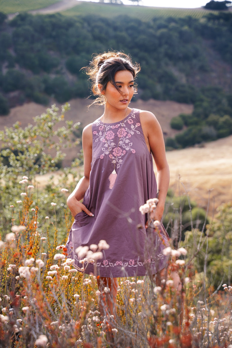 Fig Season Embroidered Detail Shift Dress - Muted Plum