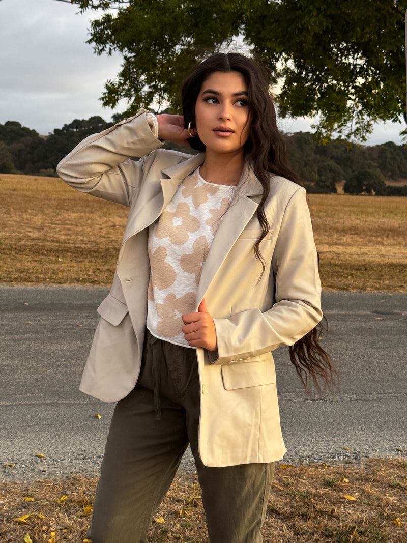 Sultry Stares Faux-Leather Oversized Blazer - Oatmeal