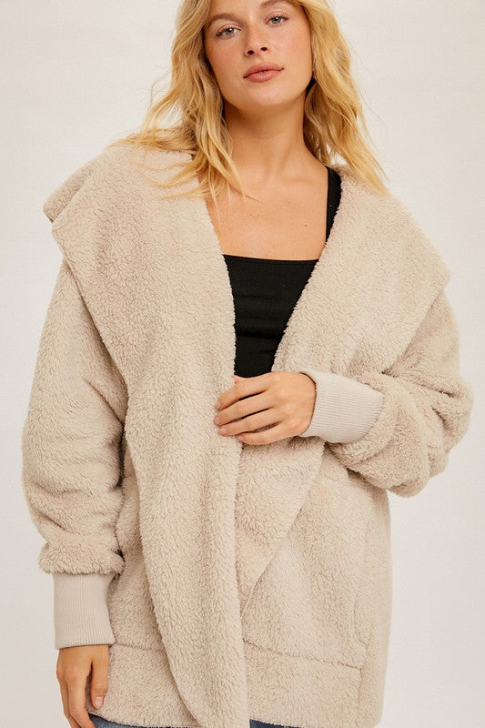 Touch of Heaven Faux Fur So Soft Plush Hooded Cardigan- Cream