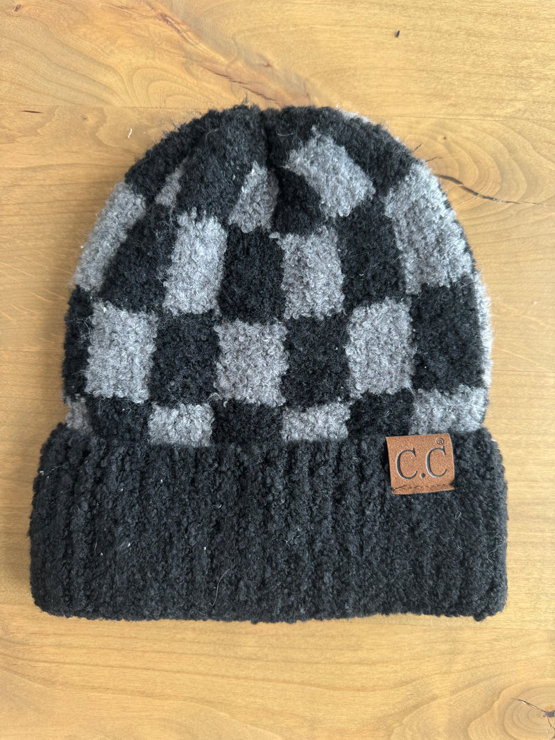 CC  Checkered Pom Beanie-Black/Gray