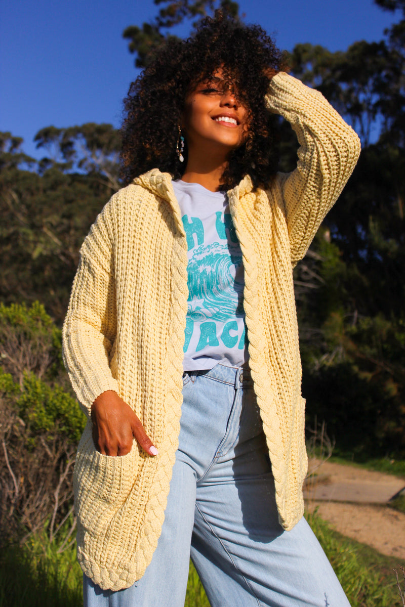 Breezy Bay Braided Trim Hooded Knit Cardigan - Butter