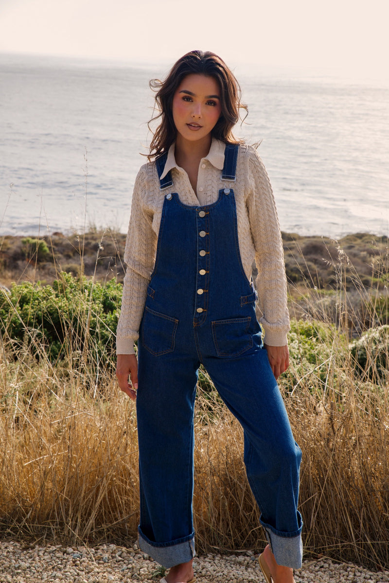 Risen Button Down Ankle Leg Wide Cuffed Overalls- Indigo