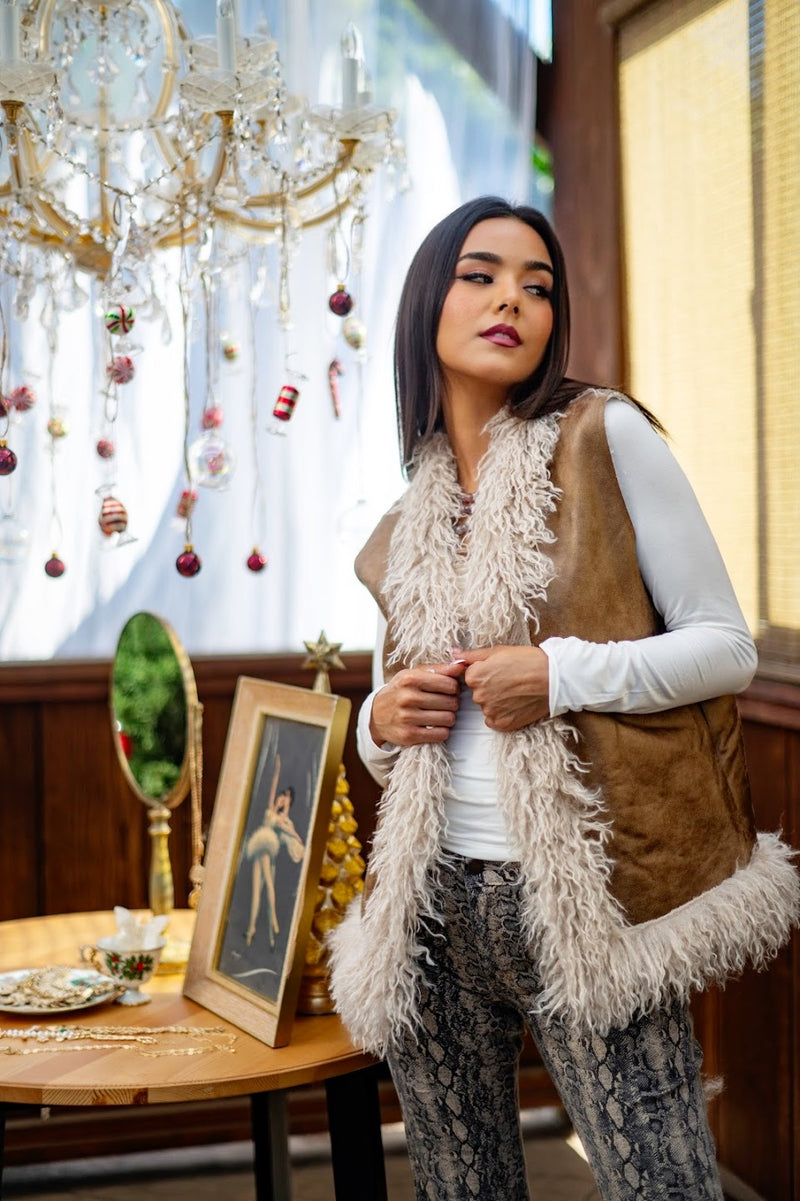 Rebel Rebel Faux Suede Shag Vest- Mocha